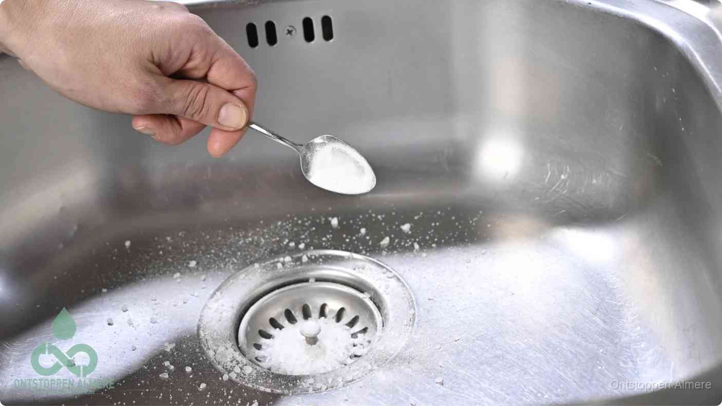 Een hand strooit met een lepel soda in de afvoer van een roestvrijstalen spoelbak, de soda en azijn huismiddel-methode om de afvoer te ontstoppen in Almere