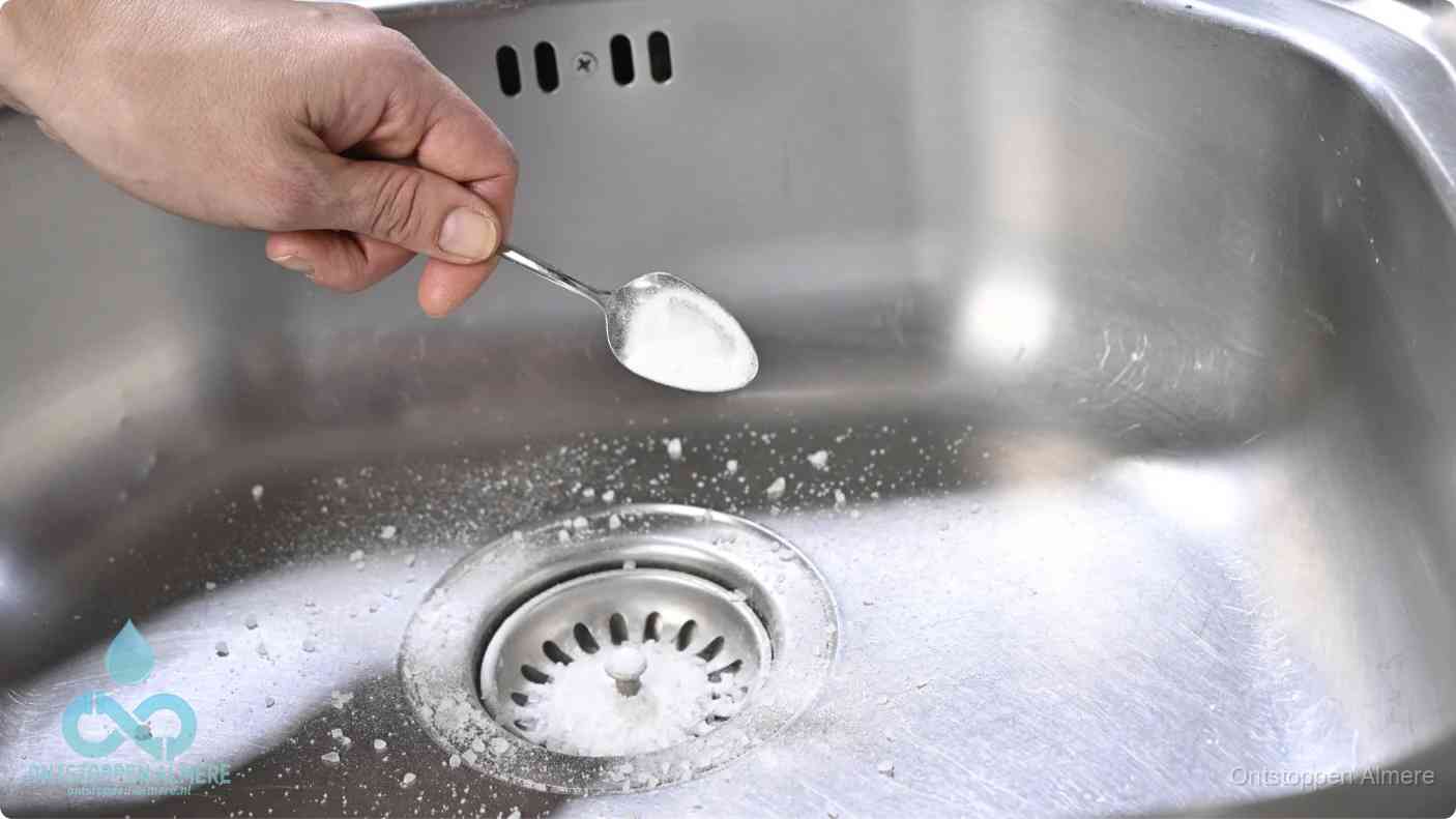 Een hand strooit met een lepel soda in een afvoerputje, de soda en azijn huismiddel-methode om de wc te ontstoppen in Almere